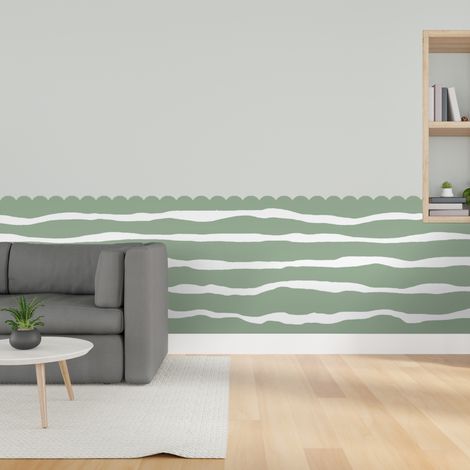 Papier peint découpé préencollé, soubassement, festonné, vert olive, vagues, raccordable, 83 cm X 195 cm (1/5)