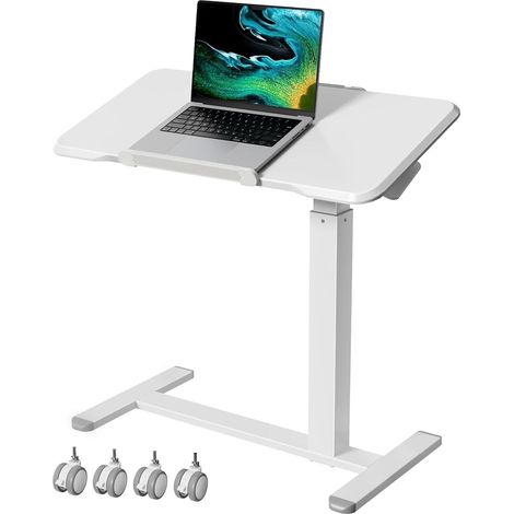 Gibbon Mounts Bureau Assis-Debout Hauteur réglable, Table Chevet INCL. 180° Chariot mobile pliable blanc 80x40cm plateau inclinable des deux côtés du lit. Base fine 3cm 2 types de roues remplaçables (1/5)