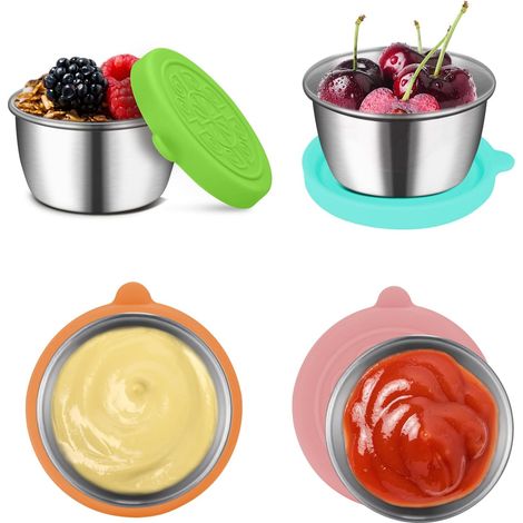 Récipient Vinaigrette avec Couvercles en Silicone, 4Pcs 70ml Recipient Sauce Salade en Acier Inoxydable, Boîtes Alimentaires Réutilisable Résistant Aux Fuites Pour Party Transport Voyage (1/5)