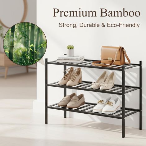 Étagère à chaussures en bambou pour économiser de l'espace à 3 niveaux, noir, 69 × 28 × 49,9 cm - Étagère à chaussures stable pour couloir, entrée, chambre à coucher (1/5)