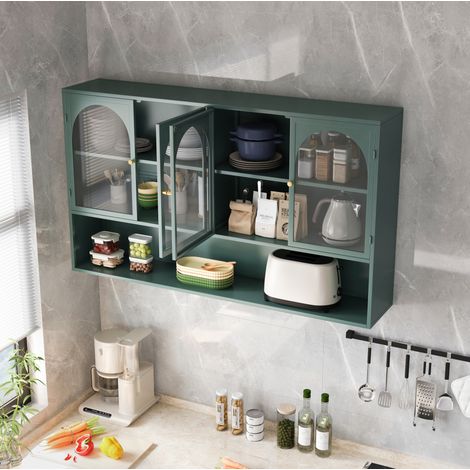 Credenza pensile 120x23x70 cm, a quattro ante, vetro grigio e metallo, verde scuro (1/5)