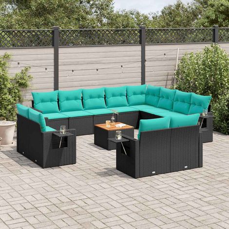 Salon de Jardin Modulaire 13 Pcs Canapé en Résine Tressée Noir avec Coussins Bleus - PANGIVO (1/5)