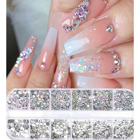 12 grilles de strass pour ongles 1,5 mm-5 mm Cristal de verre 3D AB Pierres transparentes Gemmes Perle Pour décoration DIY Nail Art Charms à fond plat Accessoires pour ongles acryliques (1/4)