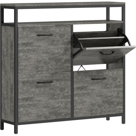 Modern Shoe Storage Cabinet with 4 Flip Drawers and Open Shelf in Cement Grey - Stylish and Functional Organization Solution