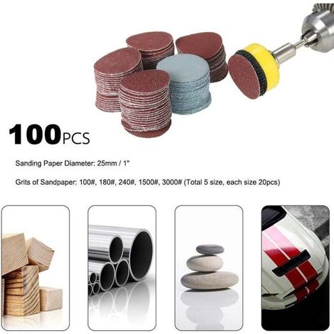 Disque abrasif de ponceuse　100PCS 25mm 1" Disque de Ponçage disque 100-3000 Papier de Grain avec 1inch Plaque de Tampon Abrasif Polonais + 1/8" Tige pour Outil Rotatif Dremel (1/4)