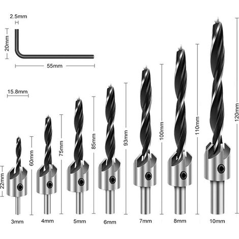 7 mèches trois pointes 3‑10 mm – Foret à bois avec guide d’avance intégré – Perçage précis pour charnières, paumelles et serrures