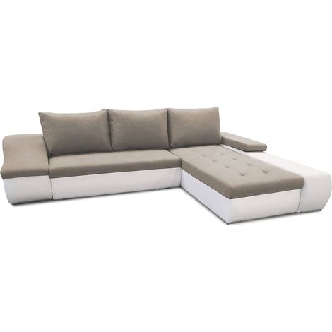 Mobilier Deco – Canapé d'angle convertible avec coffre de rangement – Tissu beige et simili blanc – Méridienne à droite – Pour petit salon (1/3)