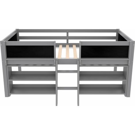 Cama alta 90 x 200 cm en pino y MDF con almacenaje, escalera y barandilla, gris (1/5)