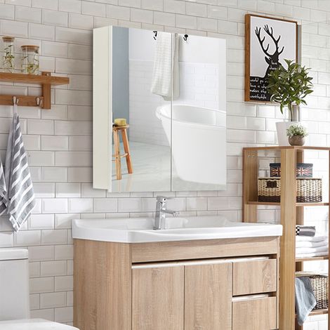 Clipop – Armoire murale de salle de bain avec miroir – 50x13x60cm – 2 étagères réglables – MDF blanc pour rangement optimisé (1/5)
