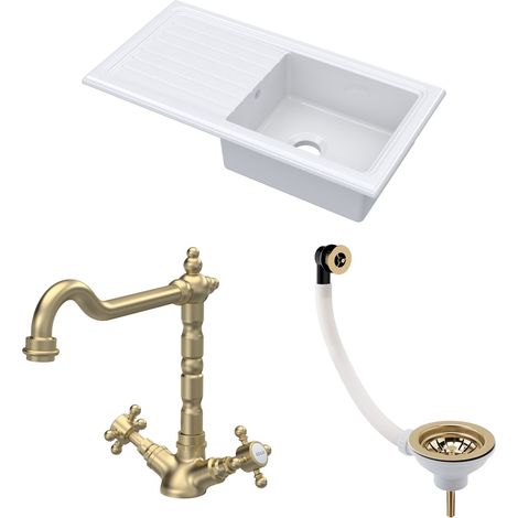 Fireclay Kitchen Bundle - 1 Bowl Sink & Drainer with Waste & French Classic Tap, 1010mm - Brushed Brass (1/5)