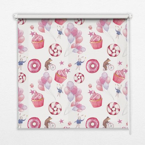 Innenrollo Fensterrollo - Rollo ohne Bohren - Sichtschutzrollo - Lichtdurchlässiges Rollo - Rechteckiges - Rollo - (80 cm x 140 cm) - Rosa Luftballons, Donuts und Hasen