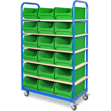 BRB Etagenwagen mit 6 Ebenen, BxTxH 1050x500x1690 mm, bestückt mit 18 Sichtkästen LB2 21,8 Liter, 2 Lenk-/2 Bockrollen (grün)