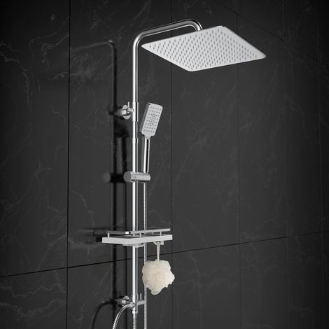 Görbach Colonne de douche en inox sans robinet, avec douche pluie carrée 25x25 cm, douchette et tablette de douche, système de douche mural réglable (1/5)