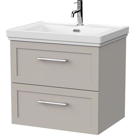 Stonnall Traditional Wall Hung 2 Drawers Vanity Unit with Traditional 1 Tap Hole Fireclay Basin, 600mm, Pebble Grey