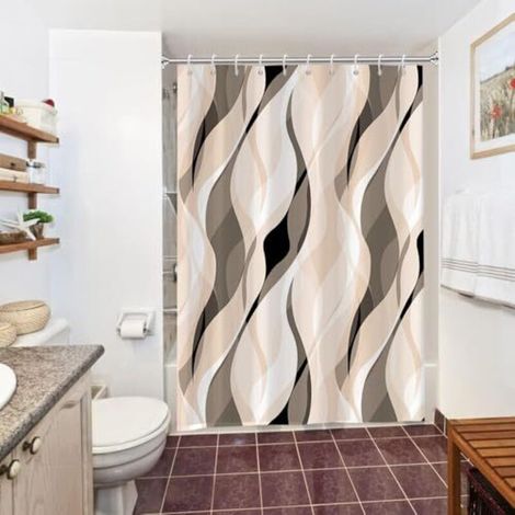 Schimmelresistenter Duschvorhang, cremefarben mit abstrakten braunen Streifen, wasserdichtes Polyestergewebe, waschbarer Badezimmervorhang mit 10 Haken, 150 x 180 cm