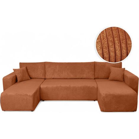 Loungitude – Canapé d'angle panoramique convertible 6 places en velours côtelé – Dossier basculant – Coffre de rangement intégré – Terracotta (1/5)