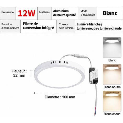 Plafonnier LED rond 12W en saillie aluminium Ø160mm blanc chaud 3000K 12w φ160 h32mm 3000k 100 g – Livraison gratuite
