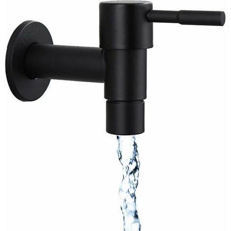 Black, single-use, quick-release wall-mounted bathroom tap made of stainless steel, suitable for outdoor use as a garden tap, or for use with a washing machine in the home or kitchen.