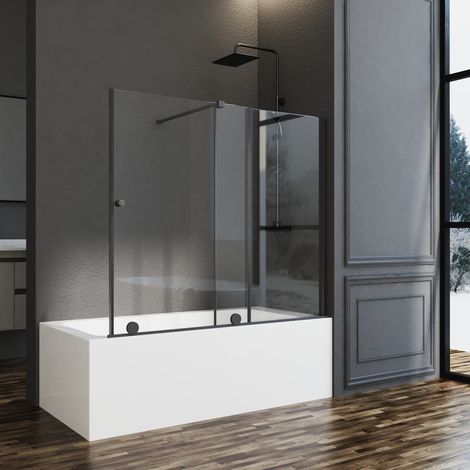 Duschwand für Badewanne mit Schiebetür 115x140 cm, Schwarz Badewannenaufsatz Schiebetür Duschtrennwand ausziehbar 70-115 cm, Duschabtrennung für Badewanne aus 6mm ESG Glas