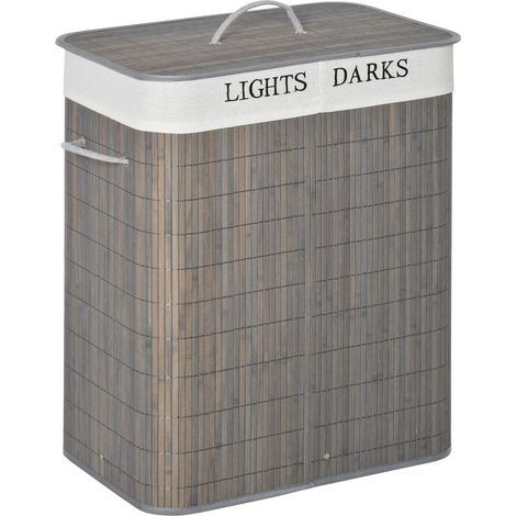 Cesto de ropa 100 L de bambú con 2 compartimentos y tapa plegable, gris (1/5)