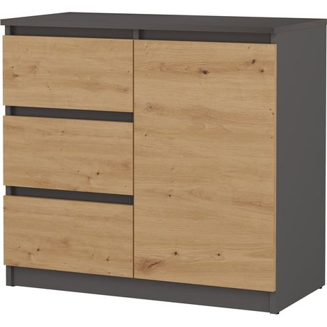 Cómoda moderna de roble antracita estilo artesanal - 1 puerta, 3 cajones, diseño universal, dormitorio, sala de estar, habitación infantil. (1/4)