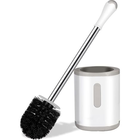 Brosse WC compacte avec support, manche en acier inoxydable, rangement peu encombrant, nettoyage en profondeur, anti-goutte, montage facile, nylon blanc et gris-AquaForge (1/5)