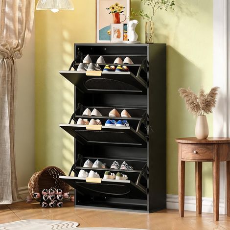 Meuble à chaussures étroit avec 3 volets noir 60 x 24 x 114 cm (1/5)