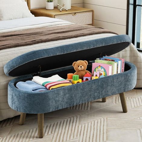 Banc de rangement multifonction, tissu chenille doux, pieds en bois, cadre en bois massif, 20L de stockage, 110x40x42cm, pour chambre, salon, banc à chaussures, entrée, bleu (1/5)