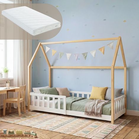 Hausbett Hesel mit Matratze und Rausfallschutz 90x200 cm Weiß/Natur [en.casa] (1/5)