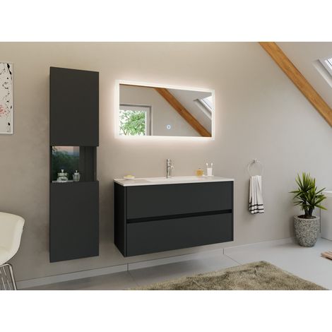 Badmöbel Set Taifun 3tlg. 100 cm mit LED Spiegel und Hochschrank Grafit (1/5)