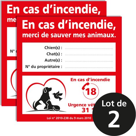 Signaletique.Biz France – Lot de 2 stickers animaux à sauver en cas d’incendie – À compléter – Format carré 10 x 10 cm – Numéros d’urgence pompiers et vétérinaire