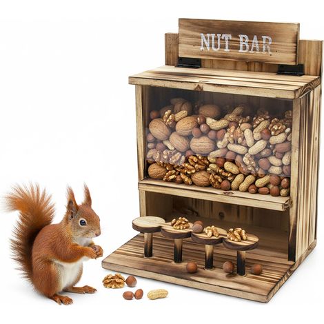 Eichhörnchen Futterstation NUT BAR aus Holz - 32 x 24 cm - Garten Deko Futterspender mit Klappdeckel - Futterhaus Eichhörnchenhaus