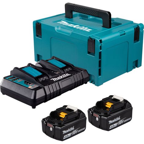 MAKITA Pack de 2 Batteries Li-Ion 18V 4Ah BL1840B + Chargeur double DC18RD + Coffret Makpac 3 (1/5)