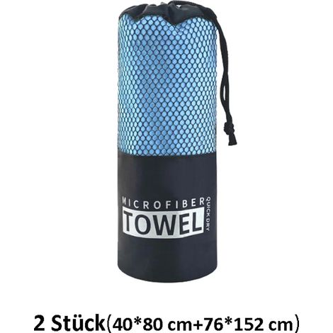 Ensemble de 2 serviettes de sport et de plage avec sac en filet, idéal pour le fitness et le sport. Dimensions : 40 x 80 cm + 76 x 152 cm. Couleur : bleu clair. (1/5)