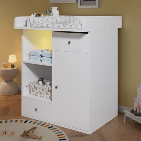 Table à langer blanche, éclairage LED ajustable (intensité et teinte), 2 tiroirs spacieux, vaste rangement, plateau de change avec compartiments