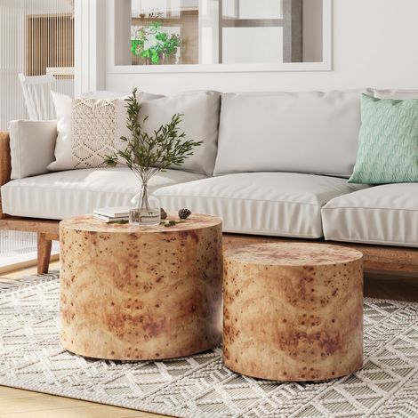 Ensemble tables basses rondes 2 pièces,structure bois compacte. Convient aux petits espaces,salon,chambre,balcon et bureau. (1/5)