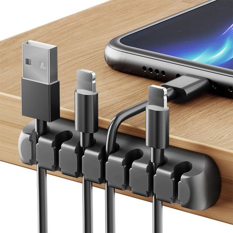 Porte-câbles, organisateur de câbles avec clips en silicone auto-adhésifs pour câbles de charge USB, cordons d'alimentation, câbles PC, câbles de bureau et usage domestique (7 emplacements, noir)