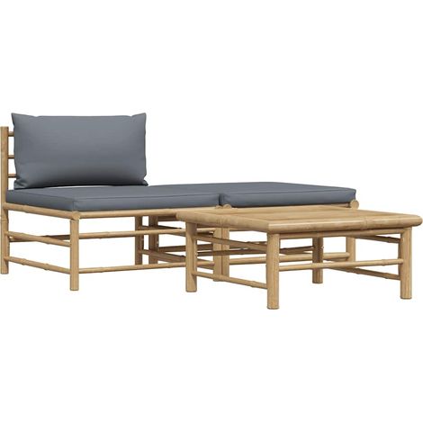 Set de muebles de jardín 3 piezas bambú y cojines gris oscuro vidaXL