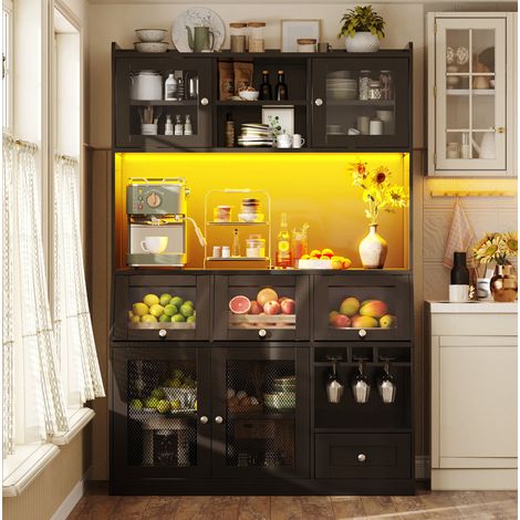 Vaisselier de cuisine 120 x 40 x 181,7 cm avec LED, USB, portes vitrées, noir REDOM (1/5)