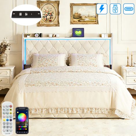 Lit coffre 160x200 cm, lit rembourré avec sommier hydraulique, lit double avec éclairage et fonction de charge USB, tête de lit avec décoration de couture à boutons, lit tapissier, pour adultes et ado (1/5)