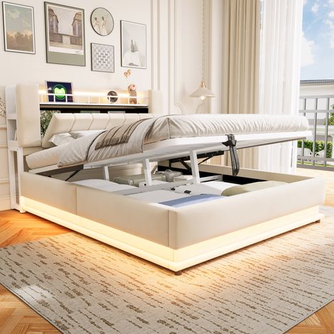 Lit coffre rembourré 2 places 160x200 cm, sommier relevable hydraulique, tête de lit avec rangement, éclairage LED, USB, velours beige, cadre en métal (1/5)