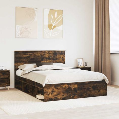 Bed Frame Smoked Oak 150 x 200 cm Solid Pine Wood vidaXL (1/5)
