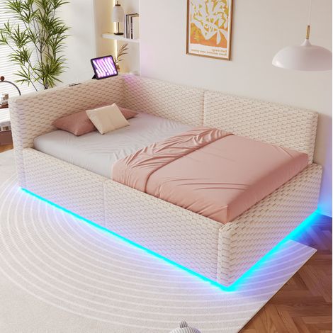 MEUBLIV Cama 90x200 cm beige – cabecero LED, almacenaje y USB, sin colchón (1/5)