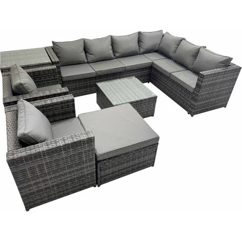 Fimous Outdoor PE Rattan Garden Furniture Sofa Set with Square Coffee Table Big Stool Side Table 2 Chair Dark Grey (1/5)