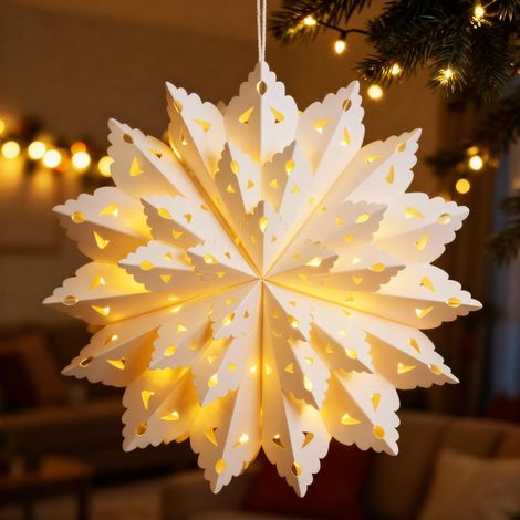 Étoile de Noël lumineuse en papier 3D de 45 cm à suspendre avec éclairage - Étoiles en papier à suspendre - Décoration de Noël - Fenêtre intérieure (1/5)