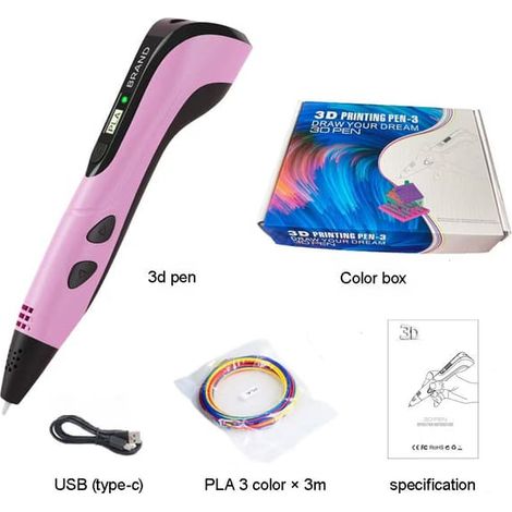Stylo d'impression 3D - Kit de démarrage pour enfants - Comprend 3 couleurs de filament - Interface USB-C - Rose