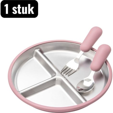 Service de table pour enfants en acier inoxydable 304 avec ventouse, assiette, bol et couverts en silicone, rose (1/4)