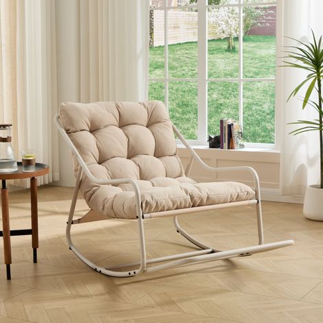 Fauteuil à bascule d'extérieur, coussin épais, structure beige, assise moelleuse, pour salon, chambre ou lecture (1/5)