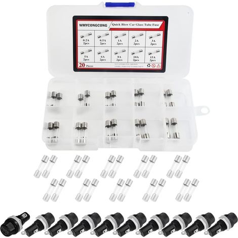 10 pièces AC 250V 10A/AC 125V 15A Socle porte-fusible à vis 5x20mm monté sur panneau avec kit de fusibles à tube de verre 20 pièces (10 valeurs) (1/5)