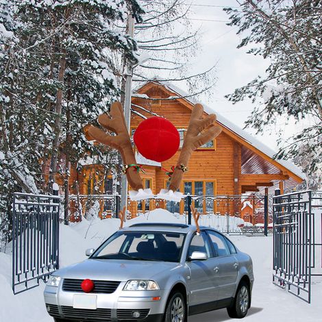 Ensemble de bois et de nez de renne pour voiture, à décorer avec les vitres, le toit et la calandre. Accessoires auto pour un déguisement de Noël de renne. (1/5)